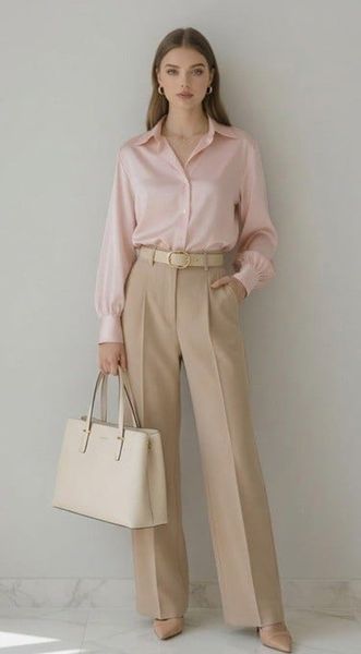 Phối đồ với túi xách - Sơ mi lụa + quần tây be + tote màu kem
