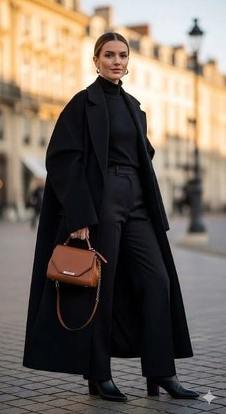 Phối đồ với túi xách - Set monochrome đen + túi da nâu chocolate