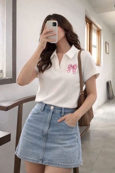 Phối đồ với túi xách - Áo polo + chân váy chữ A + crossbody nhỏ