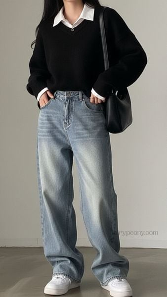 Phối đồ với túi xách - Áo len mỏng + quần ống rộng + túi hobo mềm