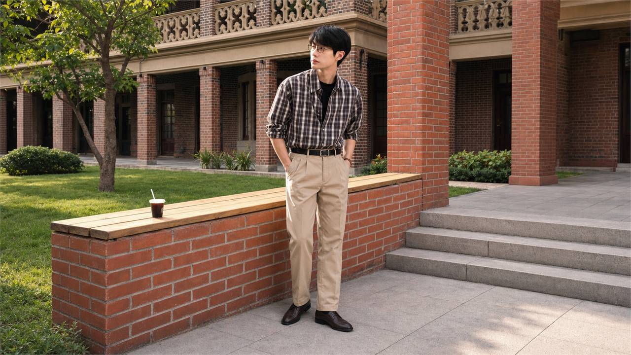Phối áo sơ mi caro nam với quần kaki be hoặc nâu sáng sạch và dễ gần