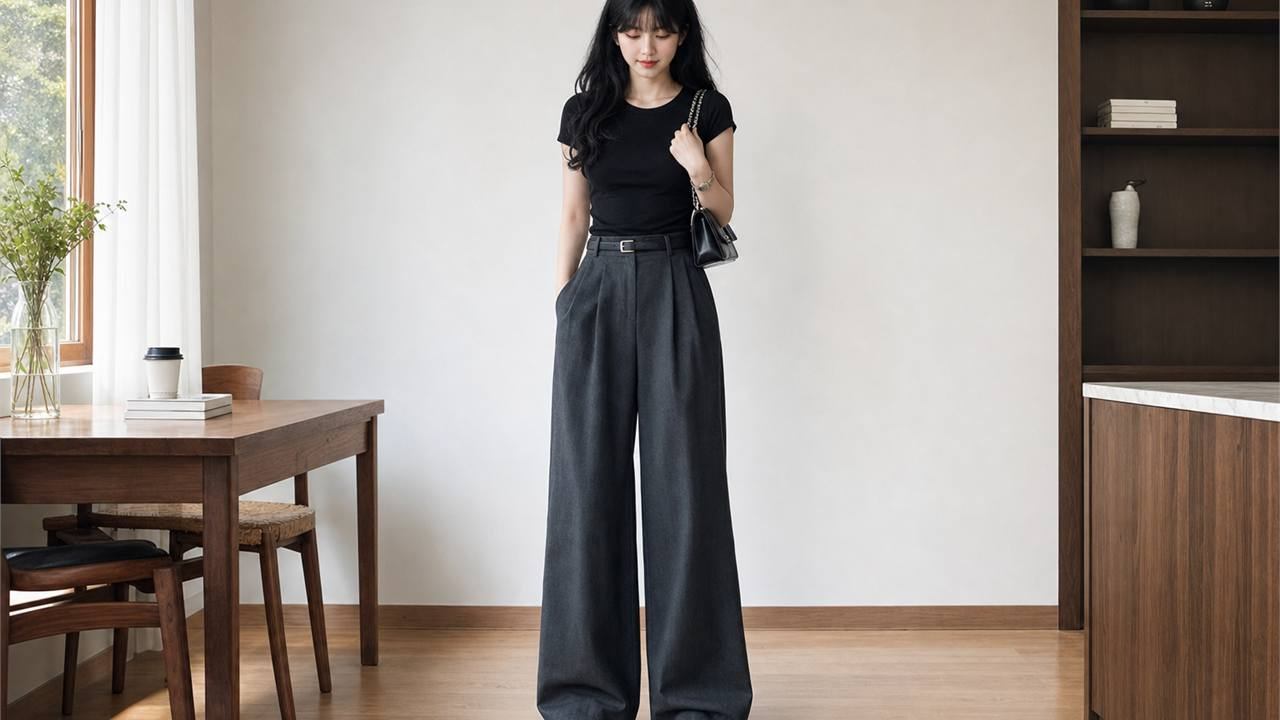 Phối quần tây ống rộng nữ với áo thun trơn khi muốn nhẹ và hiện đại hơn