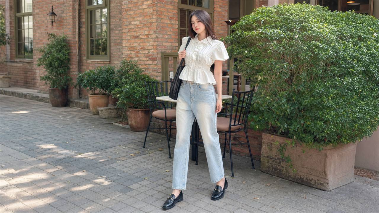 Chọn loafer hoặc mules với áo tay phồng để bộ đồ gọn và có gu