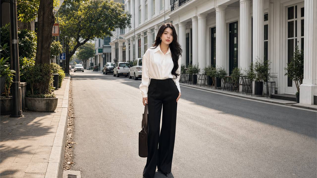Phối quần tây ống rộng nữ với blouse mềm khi muốn nữ tính nhưng không quá điệu
