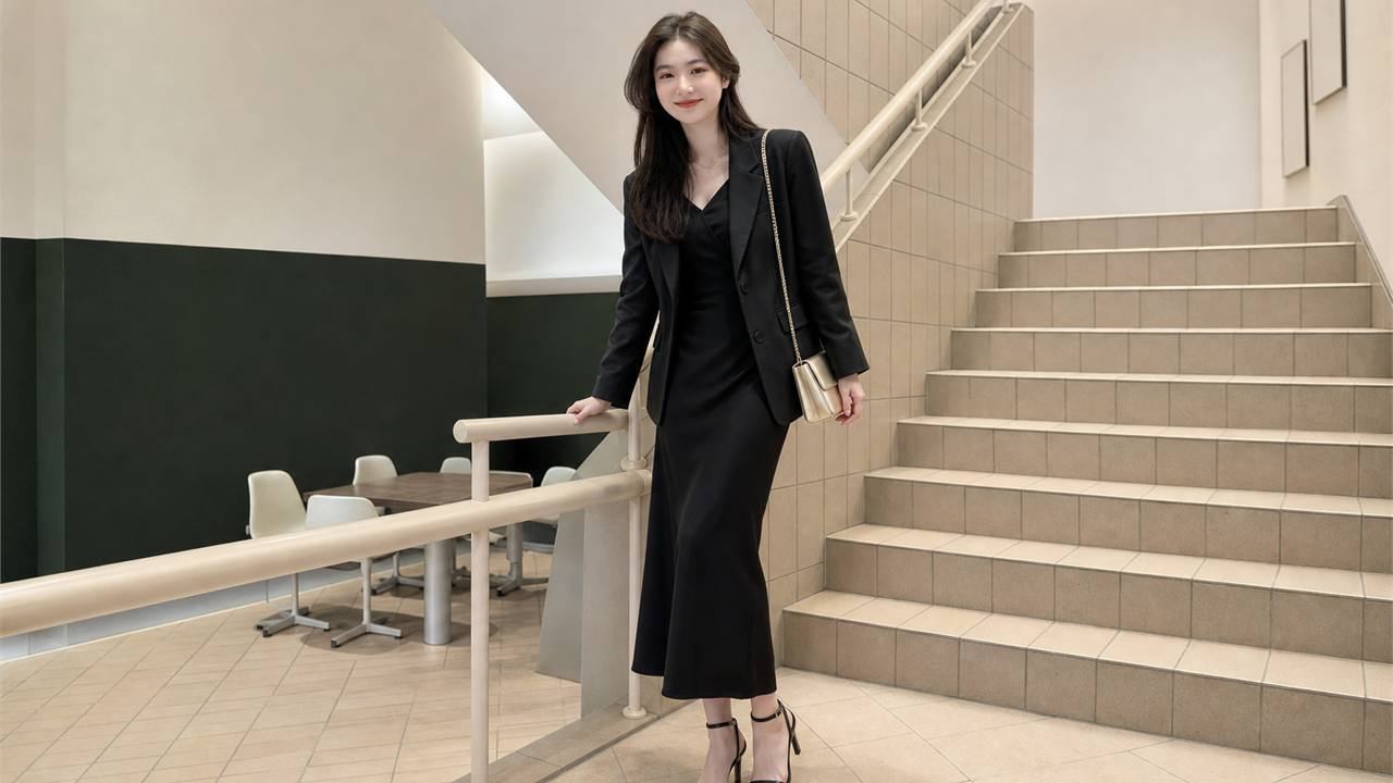 Outfit nữ đi tối với váy đen blazer hoặc túi ánh kim