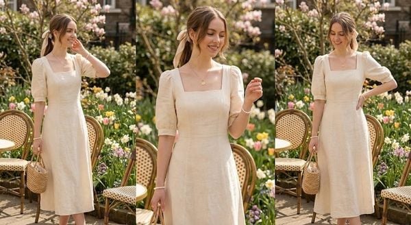 Đầm midi cổ vuông tay phồng nhẹ