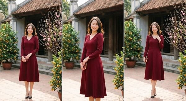 Đầm đỏ rượu dáng midi