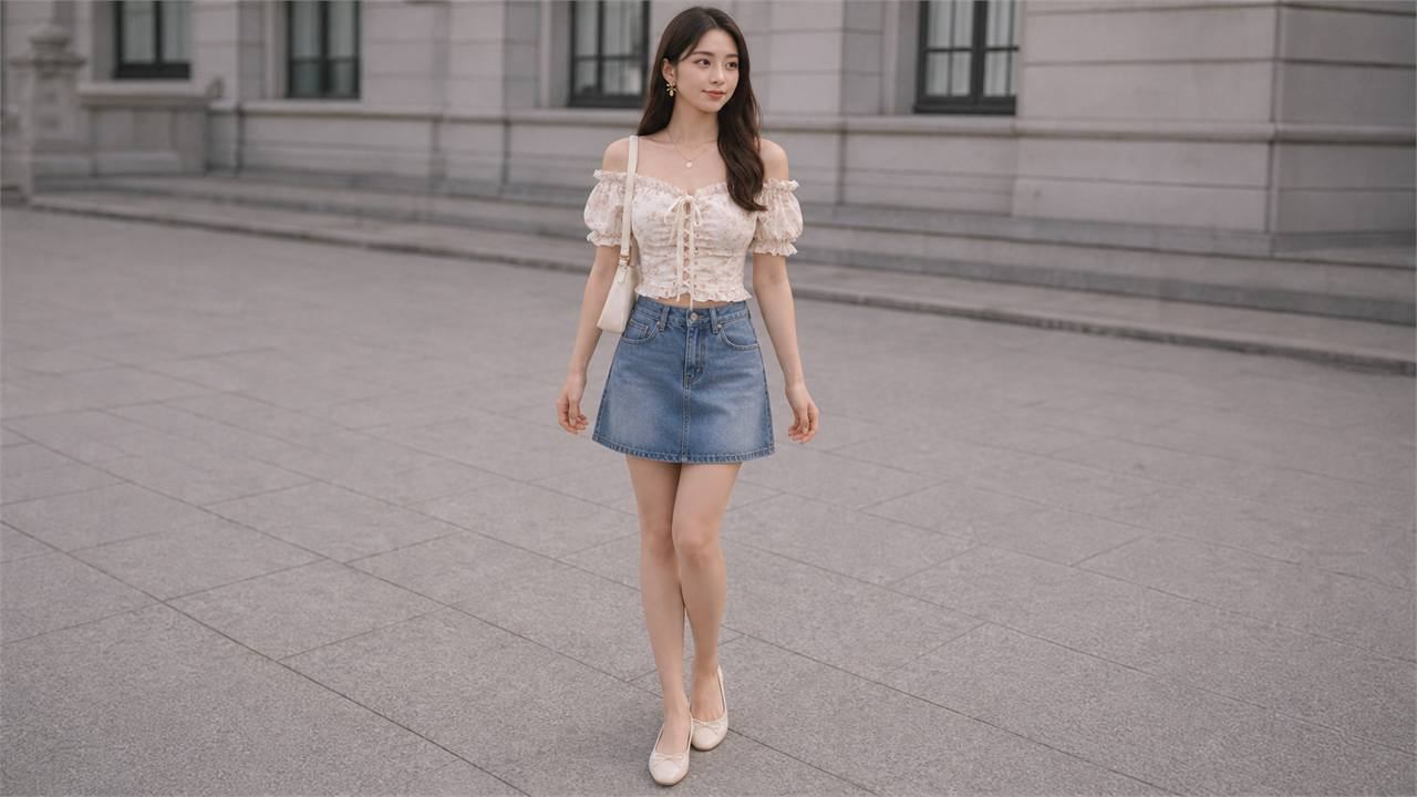 Phối áo tay phồng với chân váy denim để bớt cảm giác quá ngọt