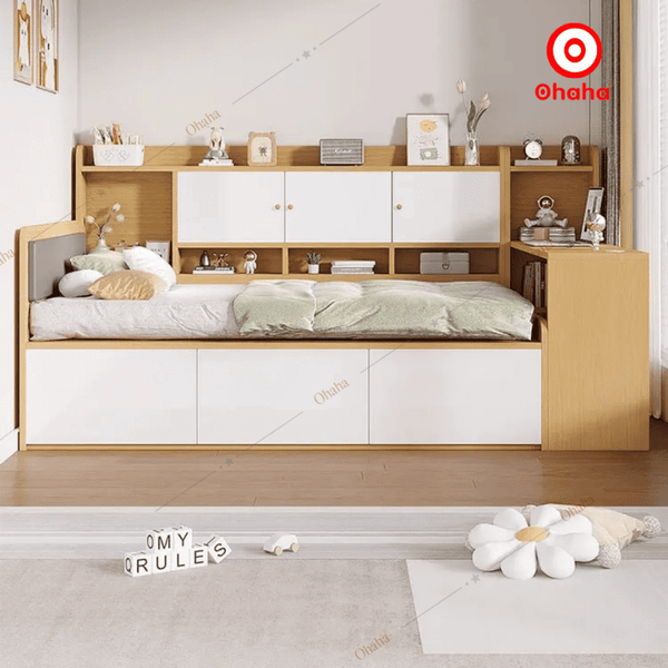 Giường ngủ công nghiệp bọc nệm kèm tủ và bàn học đa năng, tiện lợi