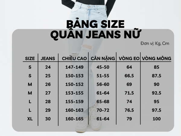 Bảng size quần jeans nữ GENVIET JEANS