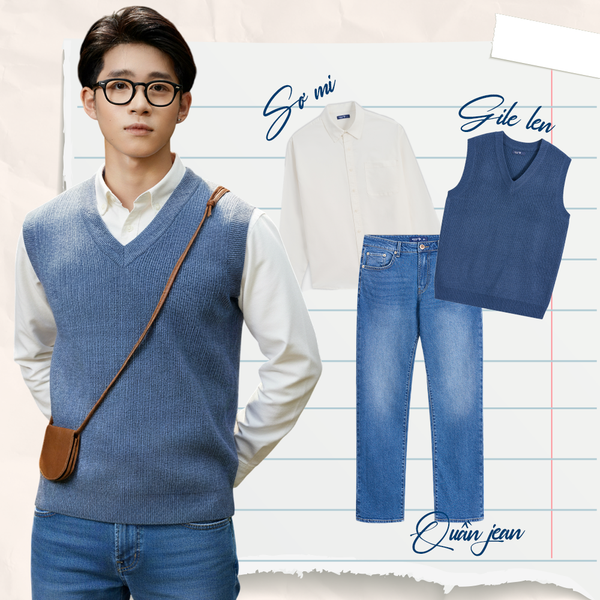 Áo sơ mi trắng layer áo gile xanh chỉn chu