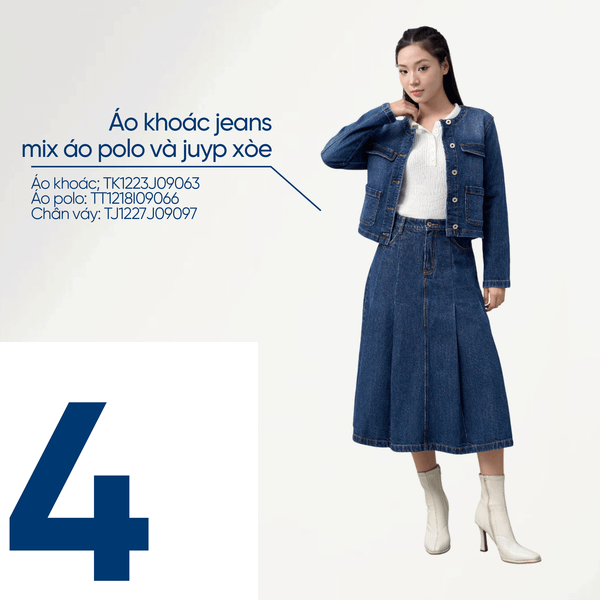 Áo khoác jeans mix cùng áo len polo và chân váy juyp xòe – giữ ấm và tăng điểm phong cách