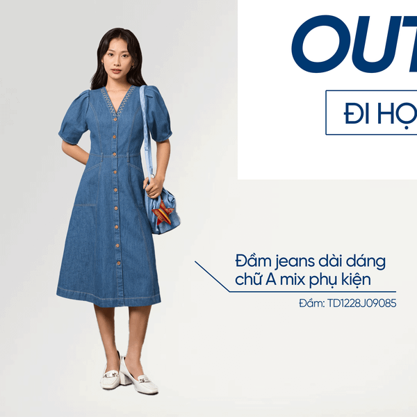 Đầm jeans dài dáng chữ A mix phụ kiện – outfit hoàn thiện tổng thể