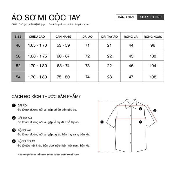 size áo sơ mi cộc tay