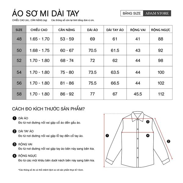 size áo sơ mi dài tay