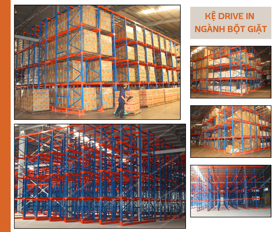 Kệ Drive-in lưu trữ bột giặt trong kho công nghiệp do Cơ Khí Việt Long An thi công