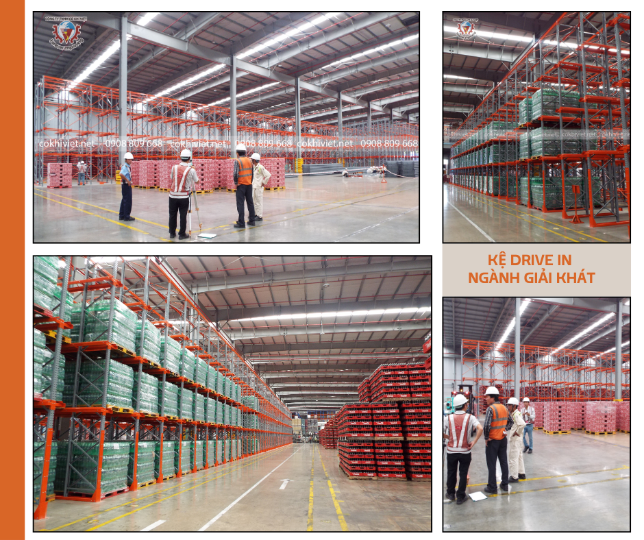 Hệ thống kệ Drive-in lưu trữ đồ uống và nước giải khát trong kho công nghiệp