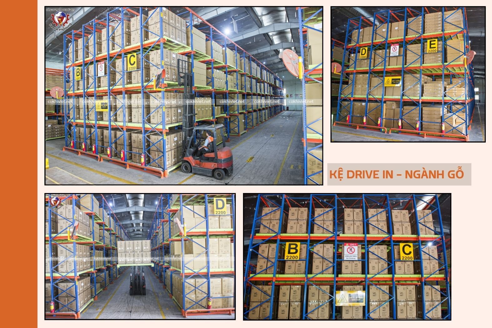 Hệ thống kệ Drive-in lưu trữ sản phẩm gỗ tải trọng nặng trong kho công nghiệp