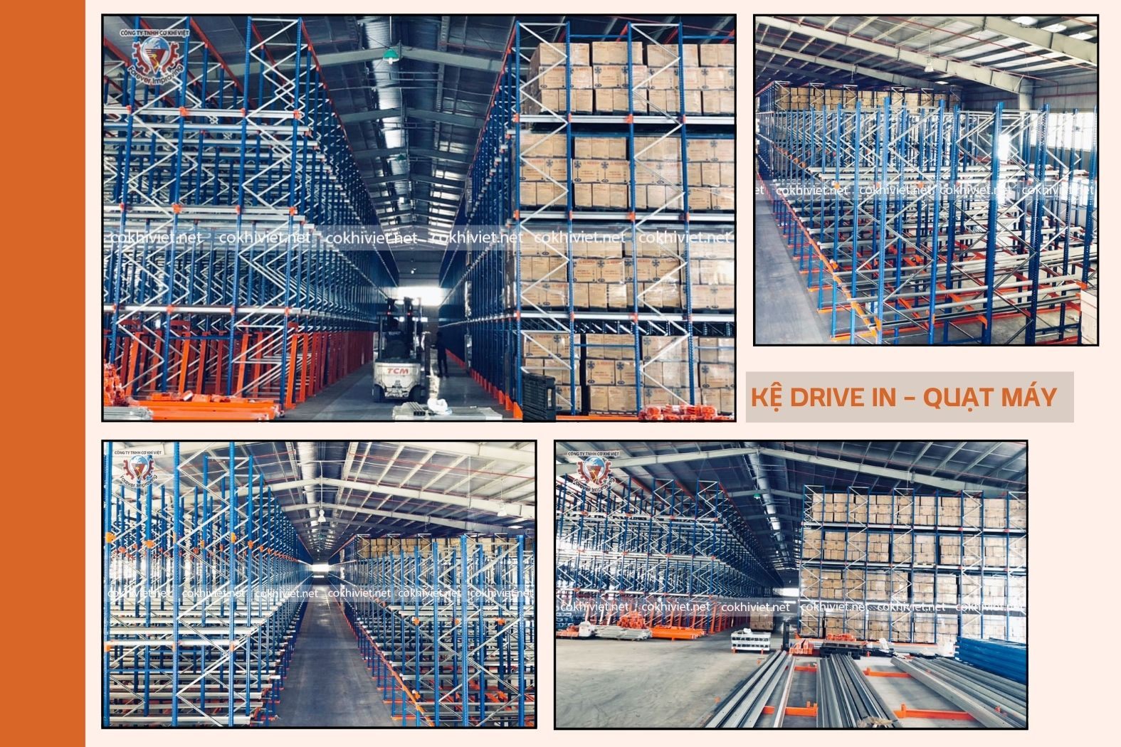 Kệ Drive-in lưu trữ quạt máy trong kho công nghiệp do Cơ Khí Việt Long An lắp đặt