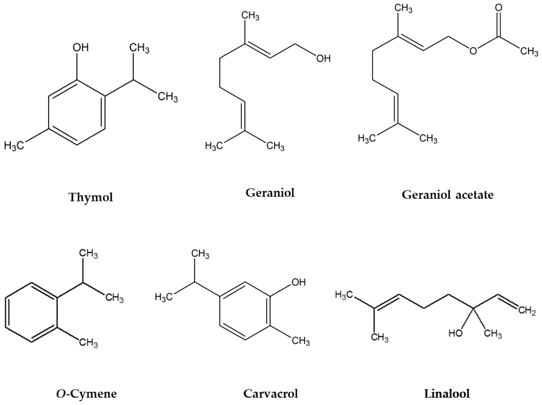 Cấu trúc hóa học của một số hợp chất phổ biến trong tinh dầu thiên nhiên như thymol, geraniol, linalool và carvacrol.