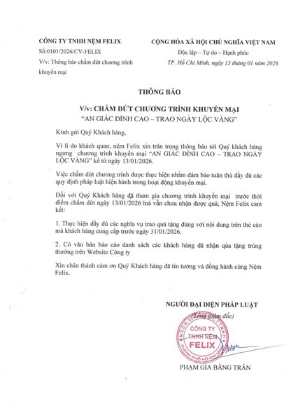 Thông báo dừng chương trình khuyến mại