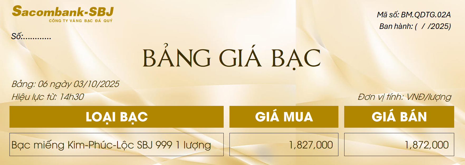 Bảng Tỷ Giá Bạc - Ngày 03/10/2025 - Bảng 6