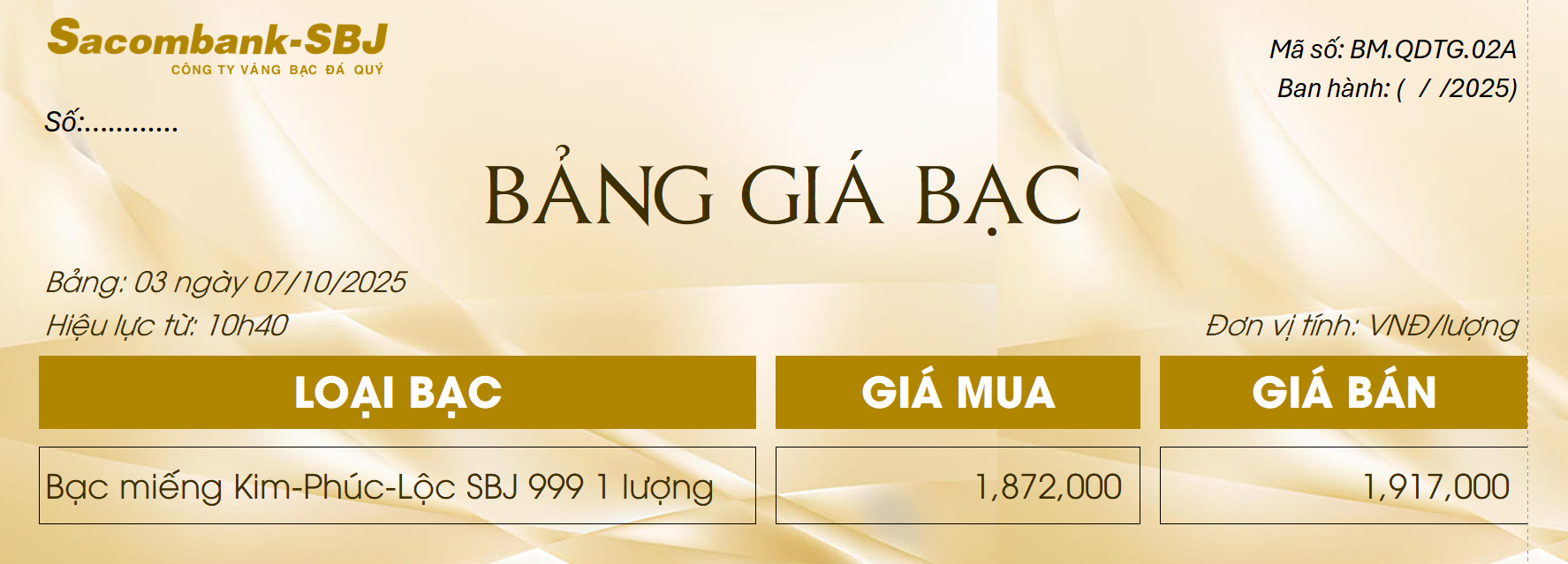 Bảng Tỷ Giá Bạc - Ngày 07/10/2025 - Bảng 3