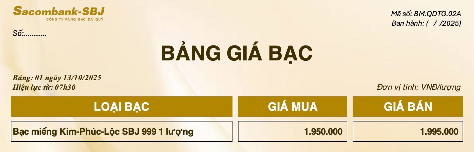 Bảng Tỷ Giá Bạc - Ngày 13/10/2025 - Bảng 1