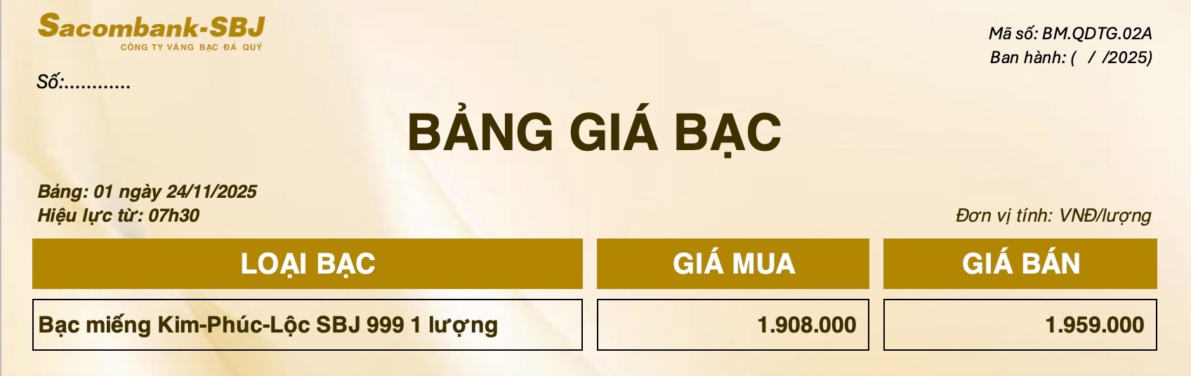 Bảng Tỷ Giá Bạc - Ngày 24/11/2025 - Bảng 1