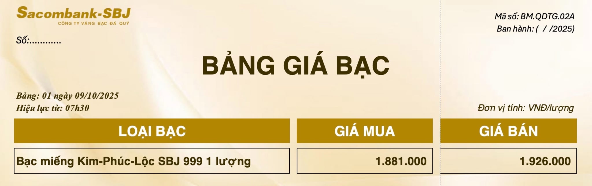 Bảng Tỷ Giá Bạc - Ngày 09/10/2025 - Bảng 1