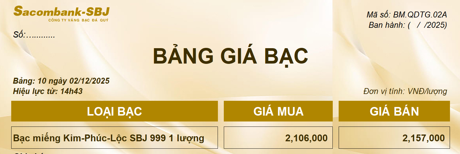 Bảng Tỷ Giá Bạc - Ngày 02/12/2025 - Bảng 10