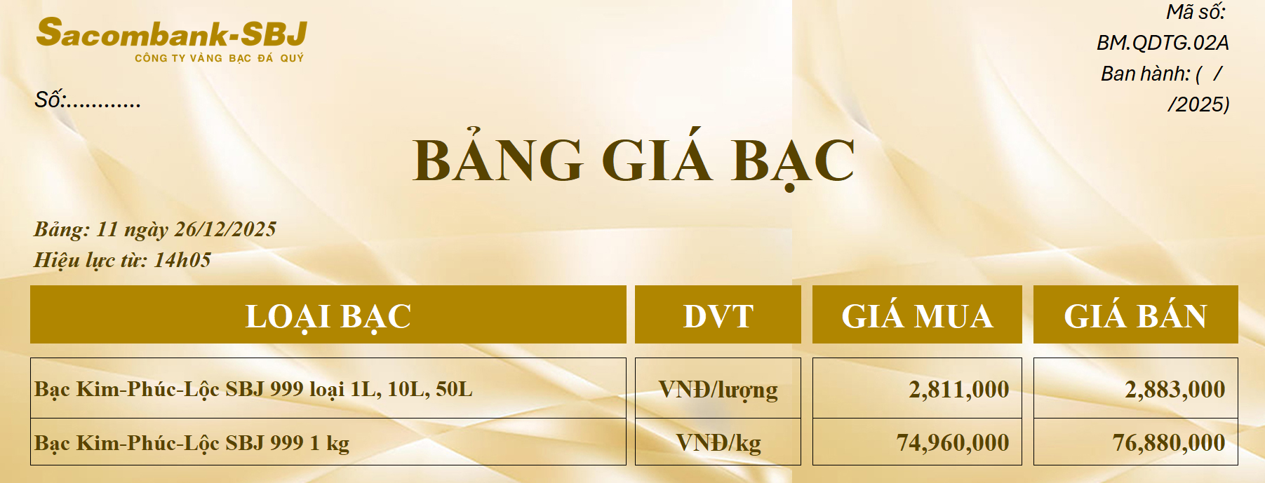 Bảng Tỷ Giá Bạc - Ngày 26/12/2025 - Bảng 11
