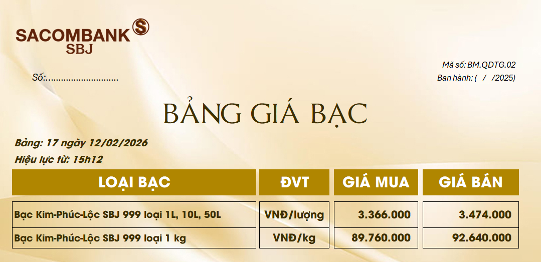 Bảng Tỷ Giá Bạc - Ngày 12/02/2026 - Bảng 17