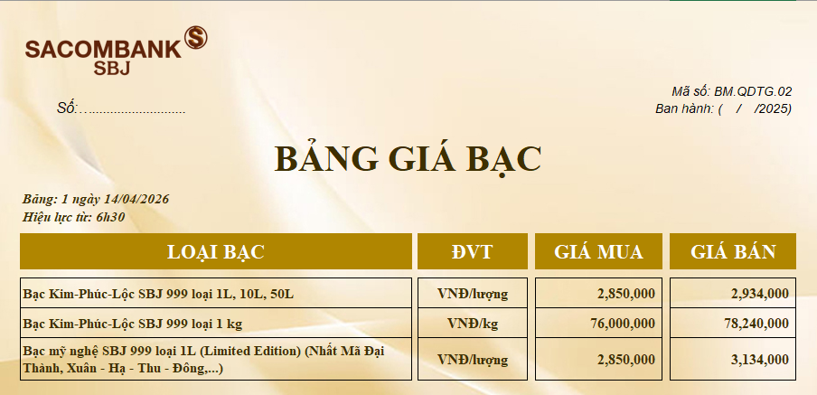 Bảng Tỷ Giá Bạc - Ngày 14/04/2026 - Bảng 1