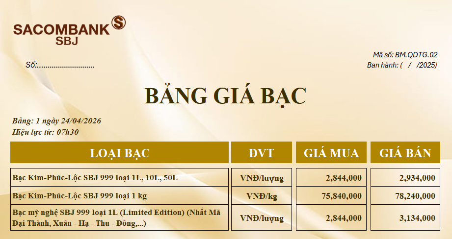 Bảng Tỷ Giá Bạc - Ngày 24/04/2026 - Bảng 1