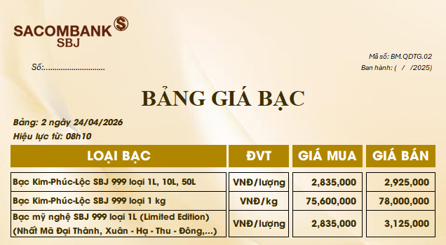 Bảng Tỷ Giá Bạc - Ngày 24/04/2026 - Bảng 2