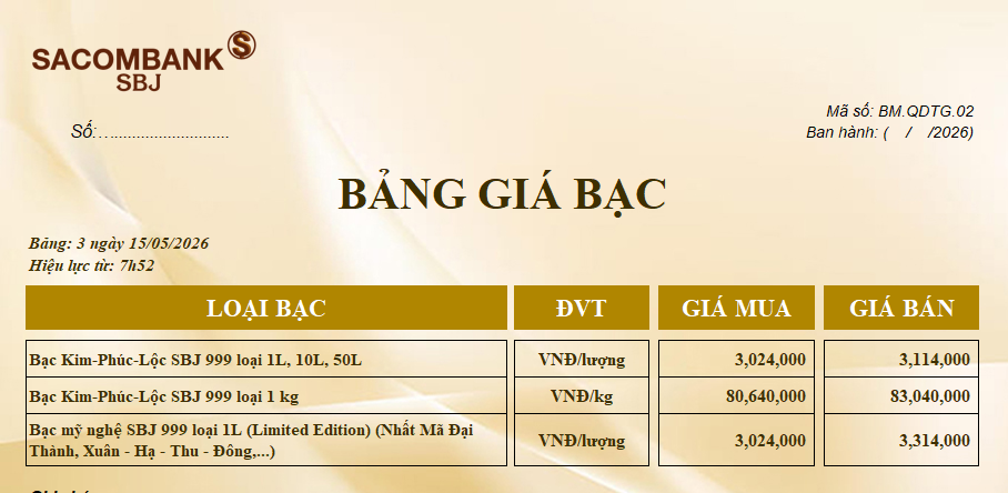 Bảng Tỷ Giá Bạc - Ngày 15/05/2026 - Bảng 3