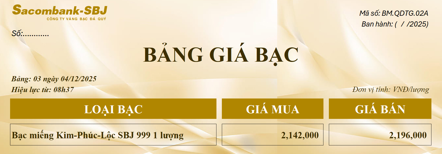 Bảng Tỷ Giá Bạc - Ngày 04/12/2025 - Bảng 3