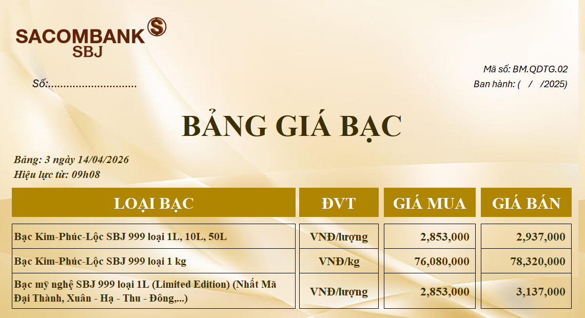 Bảng Tỷ Giá Bạc - Ngày 14/04/2026 - Bảng 3