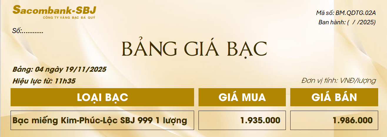 Bảng Tỷ Giá Bạc - Ngày 19/11/2025 - Bảng 4