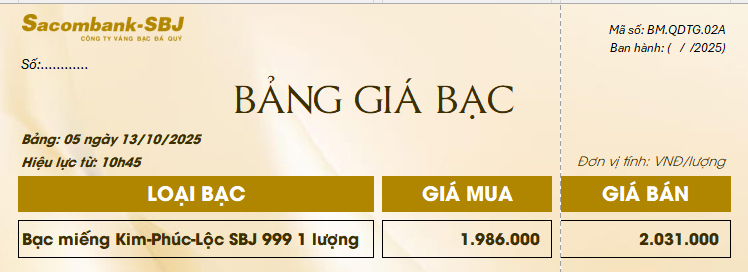 Bảng Tỷ Giá Bạc - Ngày 13/10/2025 - Bảng 5