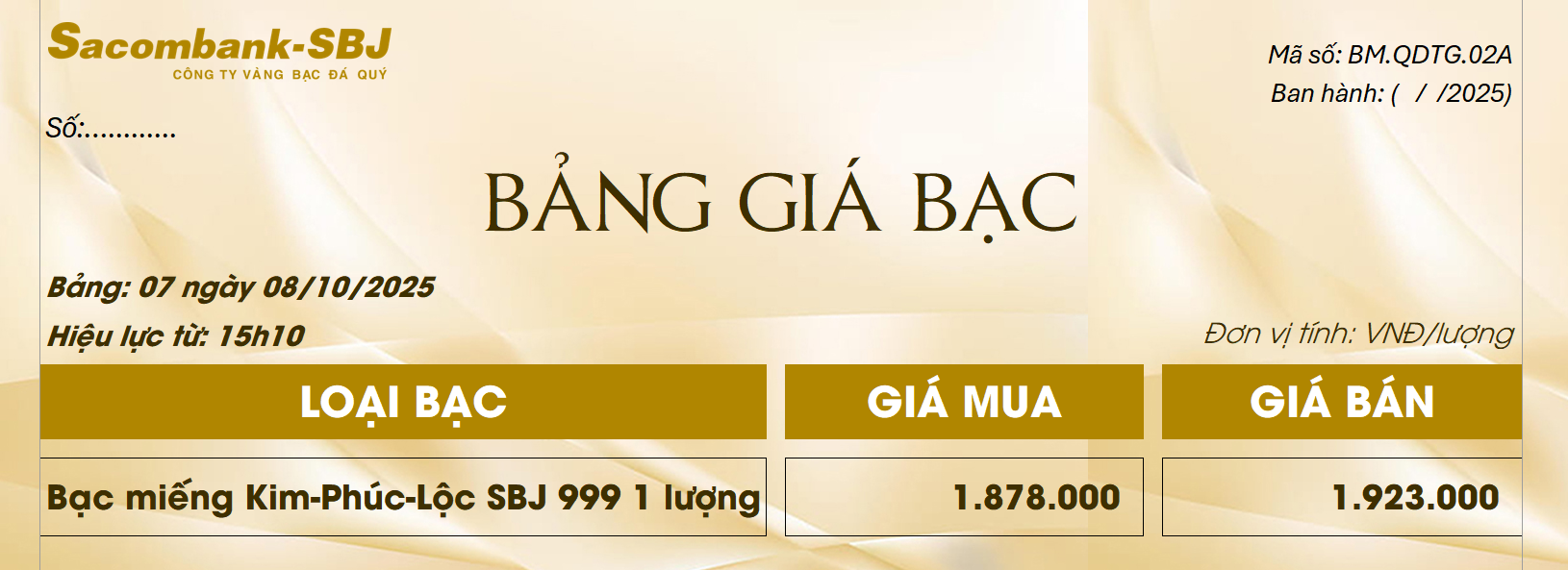 Bảng Tỷ Giá Bạc - Ngày 08/10/2025 - Bảng 7