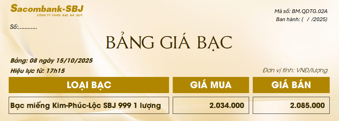 Bảng Tỷ Giá Bạc - Ngày 15/10/2025 - Bảng 8