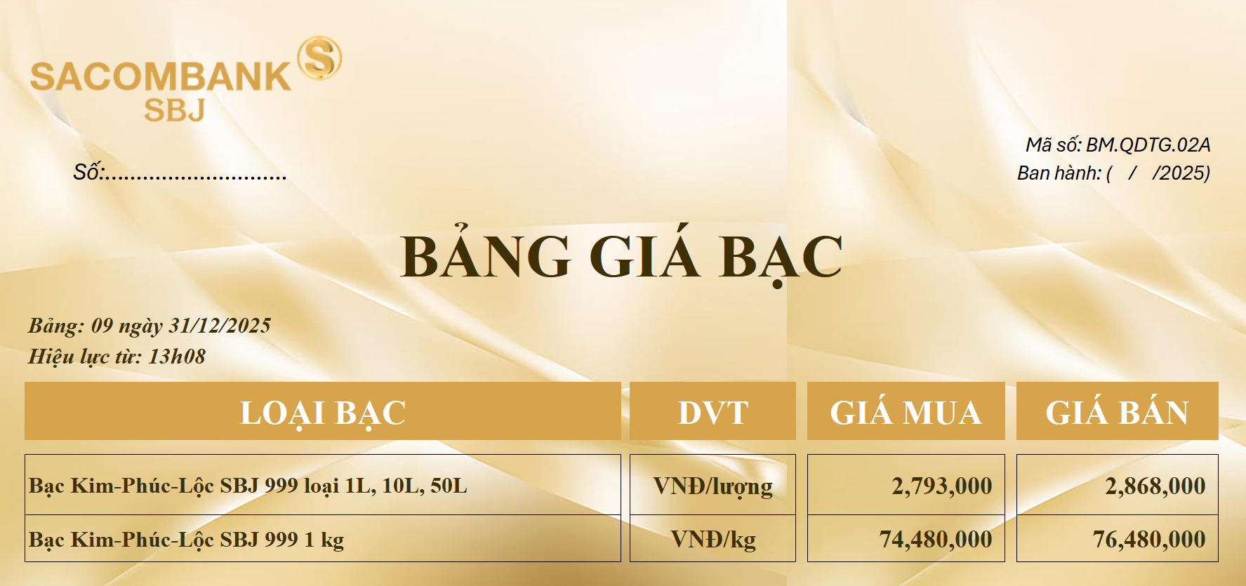 Bảng Tỷ Giá Bạc - Ngày 31/12/2025 - Bảng 9