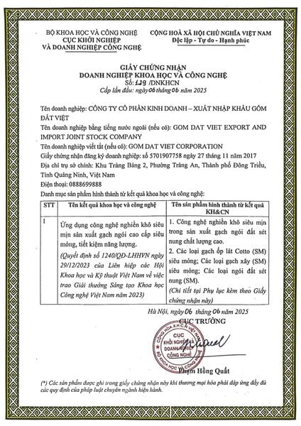 Chứng nhận Doanh nghiệp Khoa học và Công nghệ Công ty CP KD – XNK Gốm Đất Việt