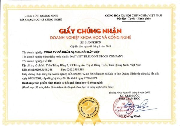 Chứng nhận Doanh nghiệp Khoa học và Công nghệ Công ty CP Gạch Ngói Đất Việt