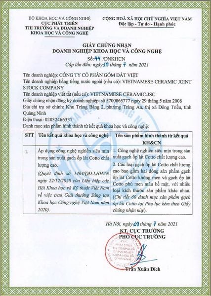 Chứng nhận Doanh nghiệp Khoa học và Công nghệ Công ty CP Gốm Đất Việt