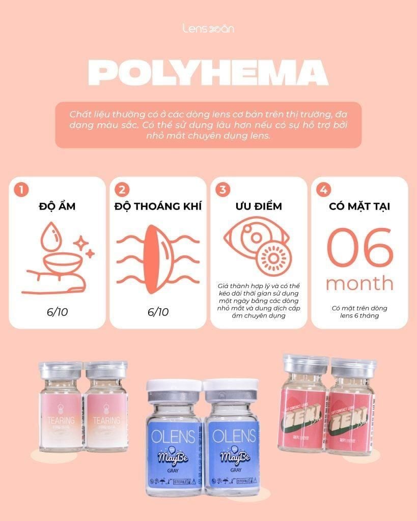 Bảng so sánh 5 chất liệu kính áp tròng phổ biến Polyhema, Hydrogel, MPC, Silicone Hydrogel, Puscon