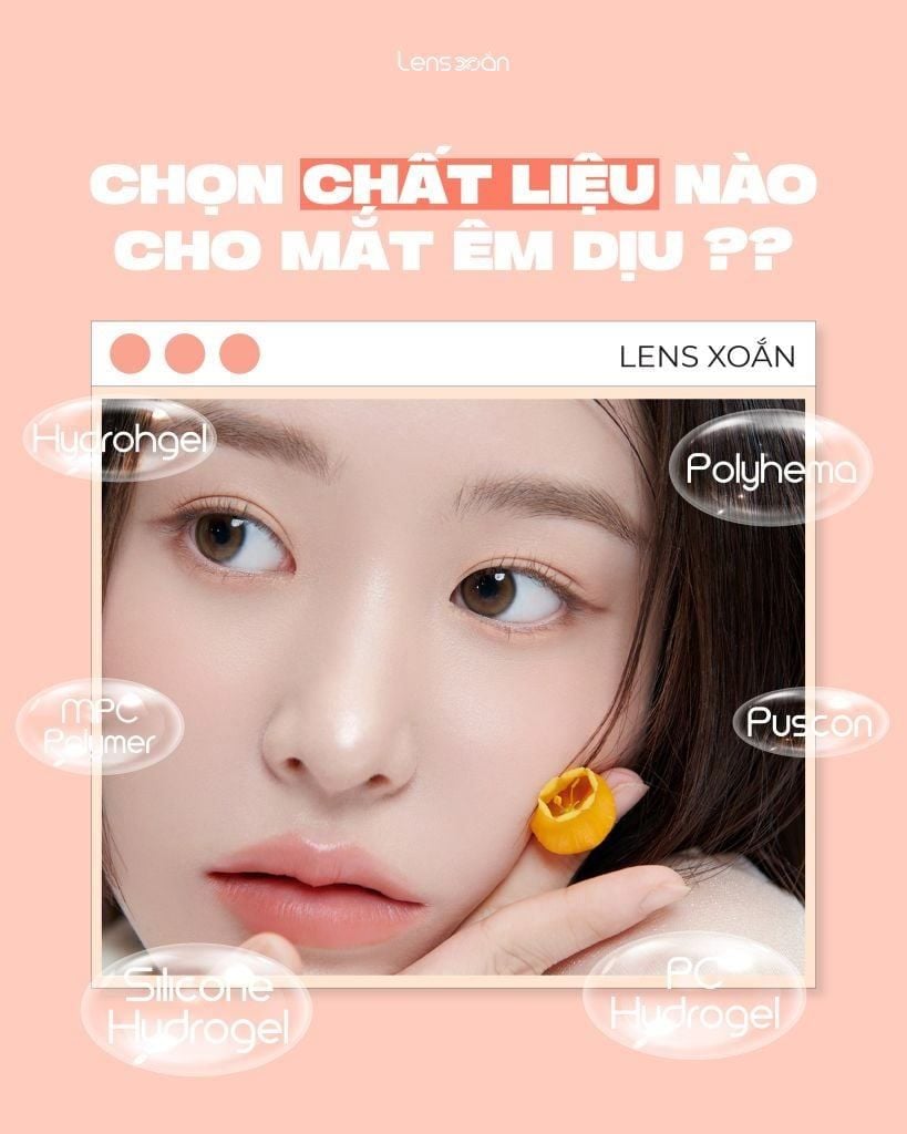 Bảng so sánh 5 chất liệu kính áp tròng phổ biến Polyhema, Hydrogel, MPC, Silicone Hydrogel, Puscon