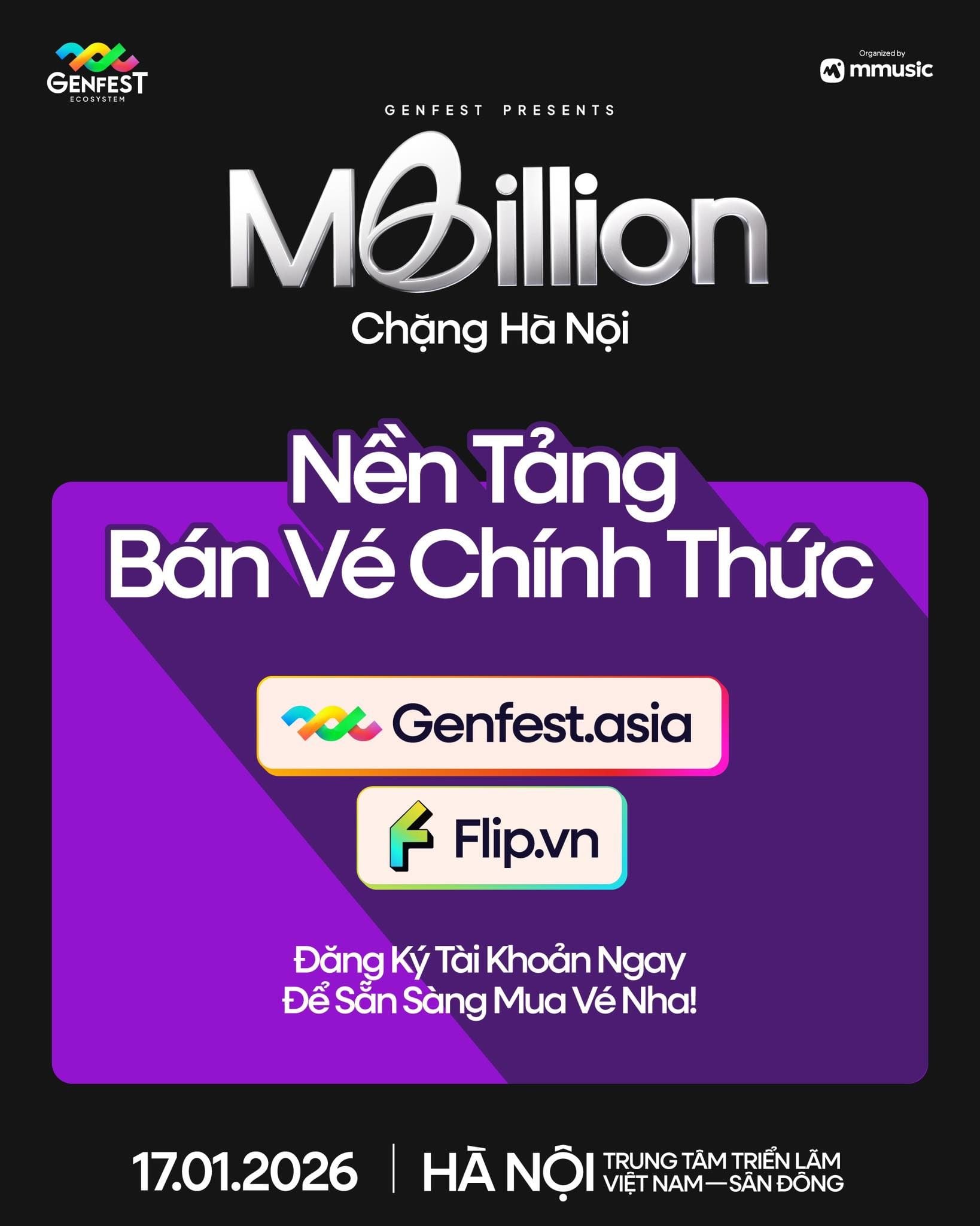 Poster thông báo GENfest Presents MBILLION Hà Nội 17.01.2026 – thông tin vé và hướng dẫn mua vé